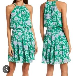 NWT Eliza J Halter Floral Print Chiffon Sleeveless Dress Lined In Green Size 14